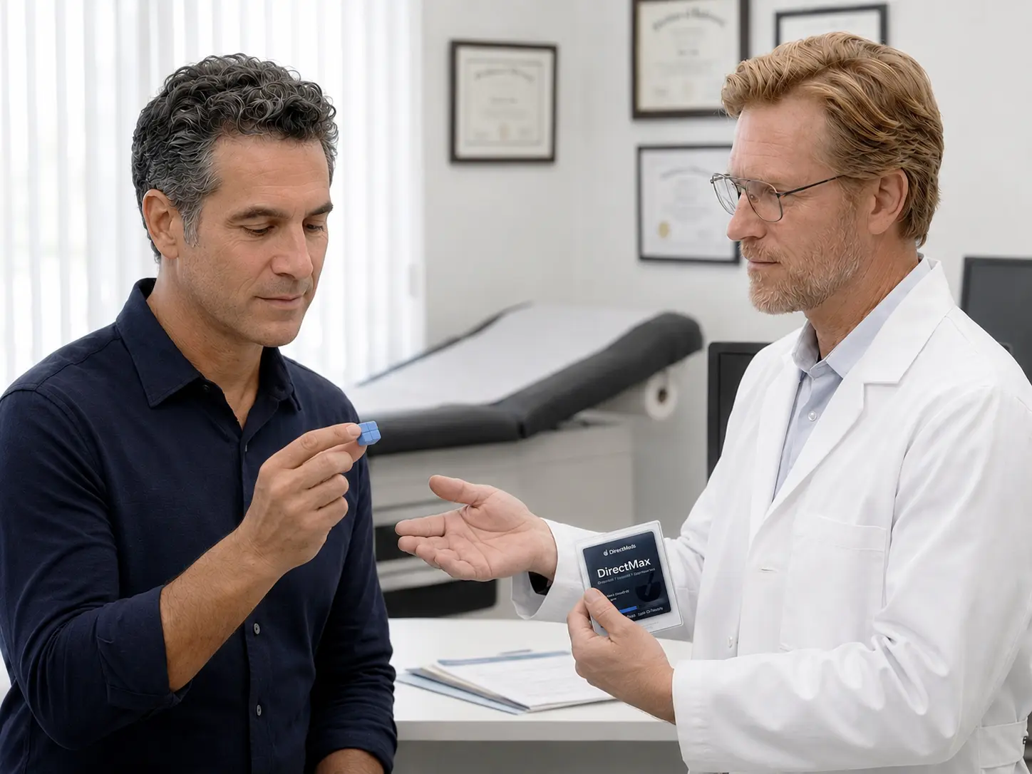 Urologist holding DirectMax during a consultation with a male patient
