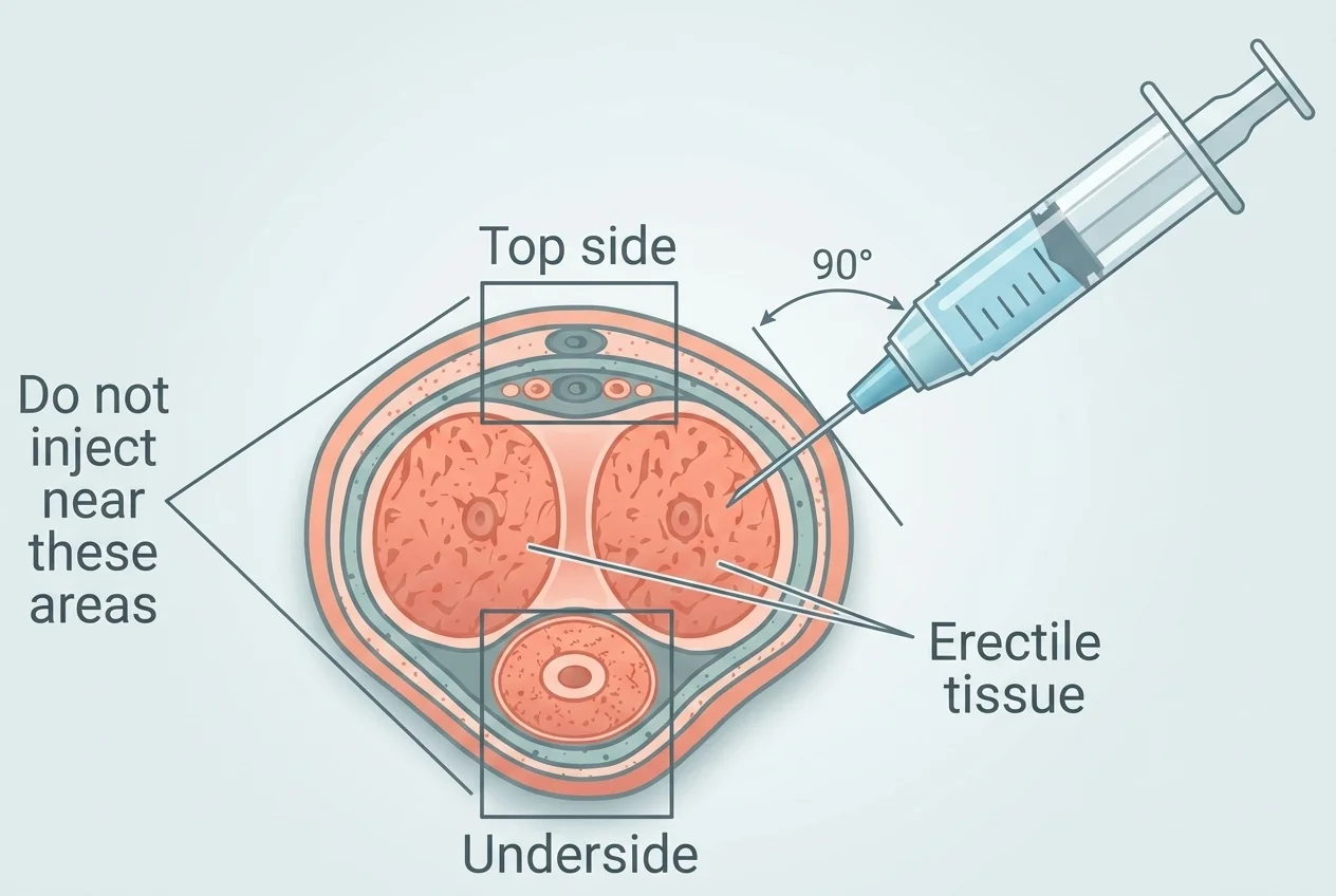 Medical illustration showing penile injection therapy