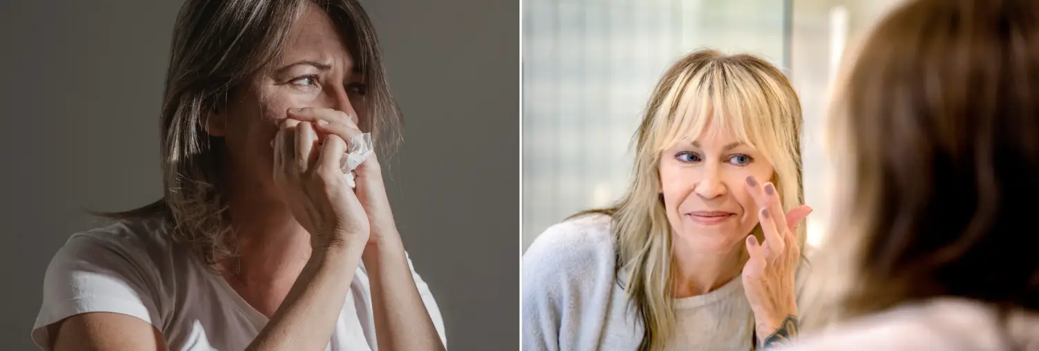 Woman crying and examining her face in the mirror