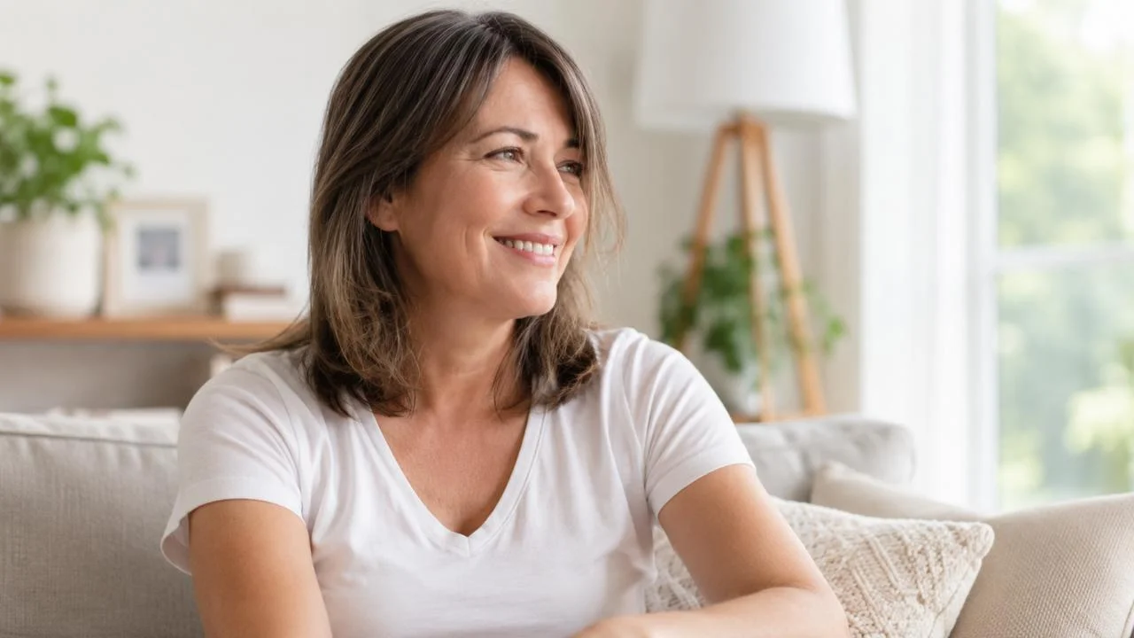 Woman smiling peacefully at home, feeling like herself again