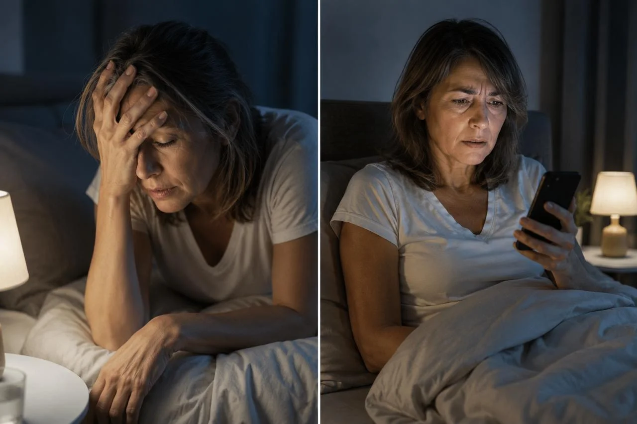 Woman awake at 3 a.m., scrolling her phone in bed