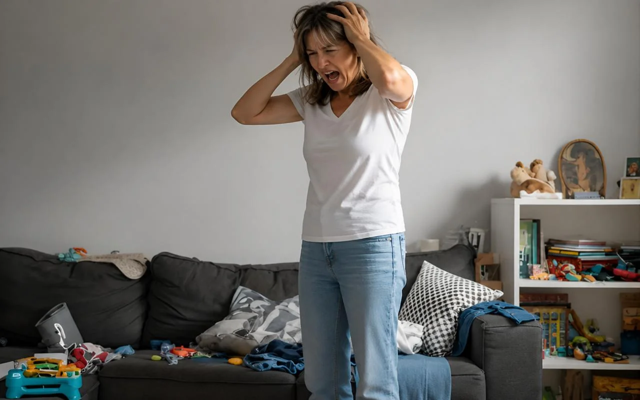 Overwhelmed woman in a cluttered living room