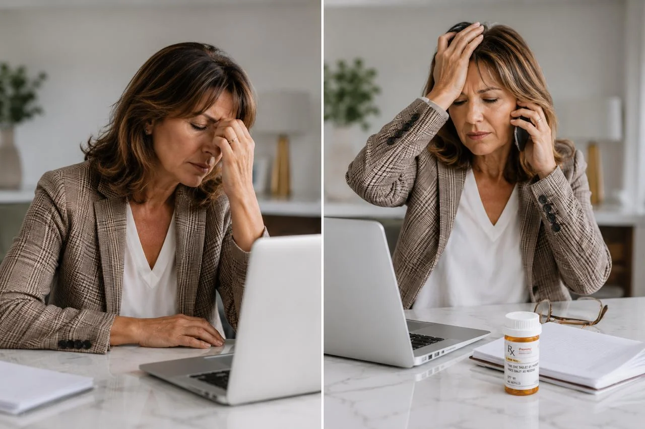 Woman exhausted at her desk with a prescription bottle nearby