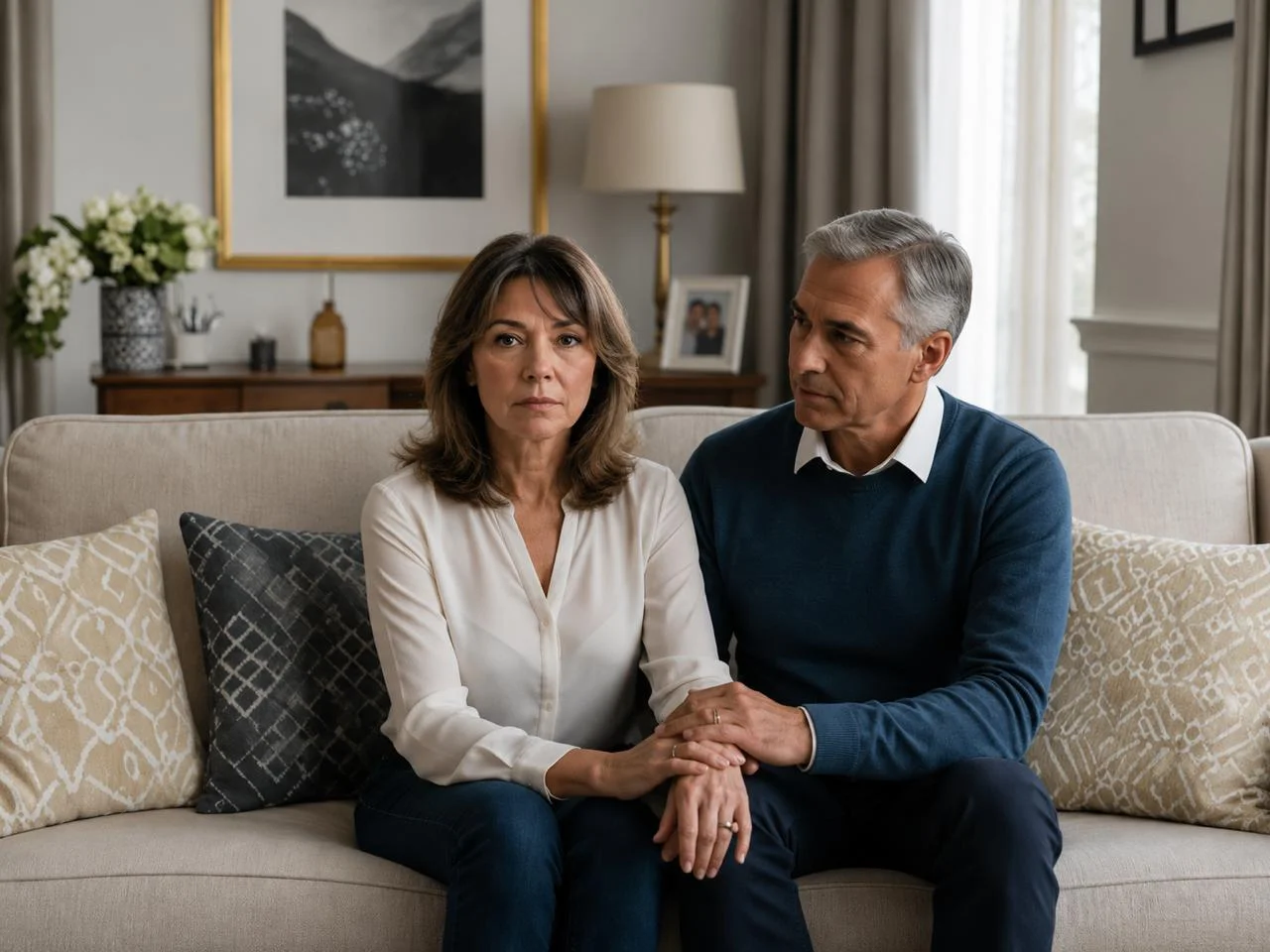 Couple sitting on the couch in a tense, quiet moment