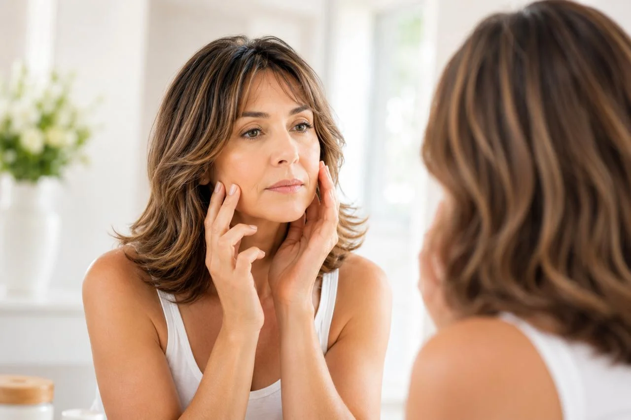 Woman seeing herself in the mirror again, more like herself