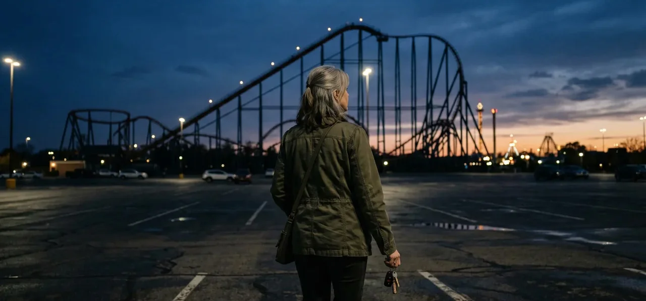 A woman stands alone in an empty amusement-park parking lot at dusk, car keys in hand, looking back at the roller coaster against the sunset — done with the ride