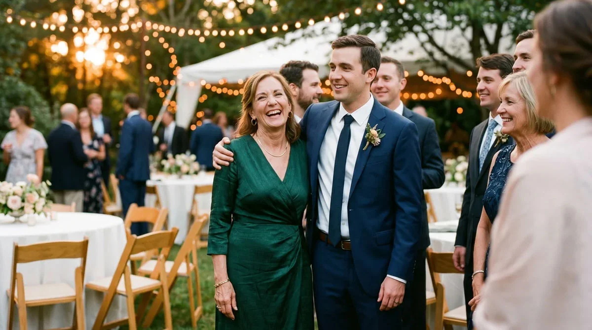A laughing mother in an emerald dress with her arm around her son, the groom, at his outdoor evening wedding — present and in the photos