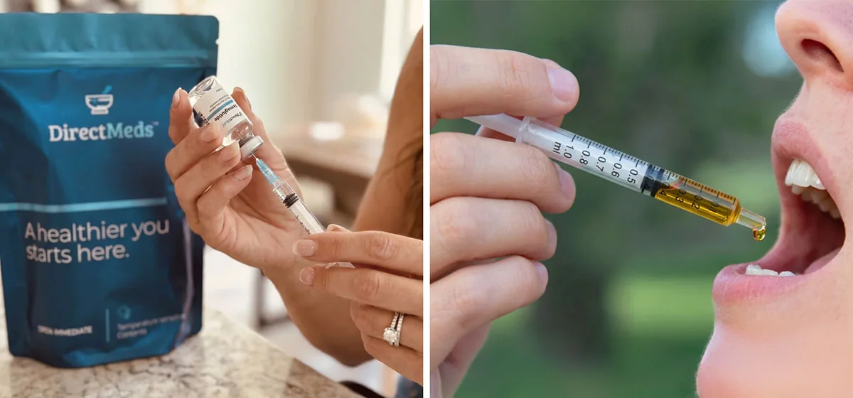 Split image — a weekly GLP-1 injection pen beside a daily sublingual oral dropper, the two delivery options patients can choose between